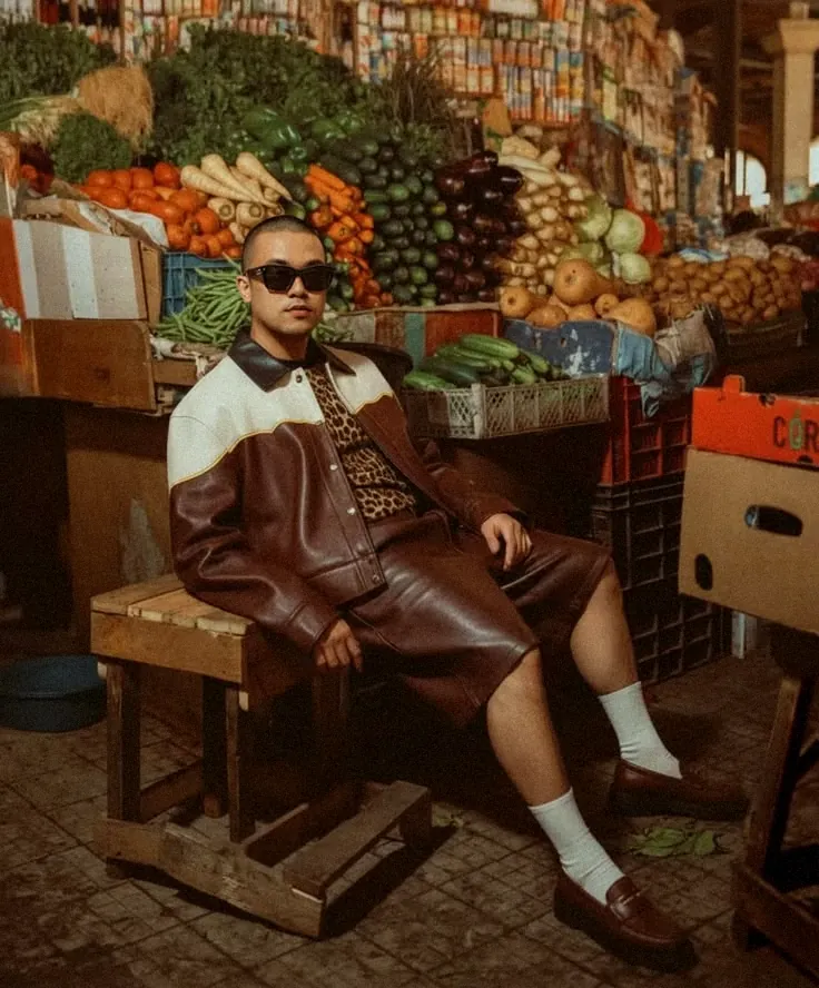 A young man in a leather jacket and sunglasses sitting at a Cairo vegetable stall