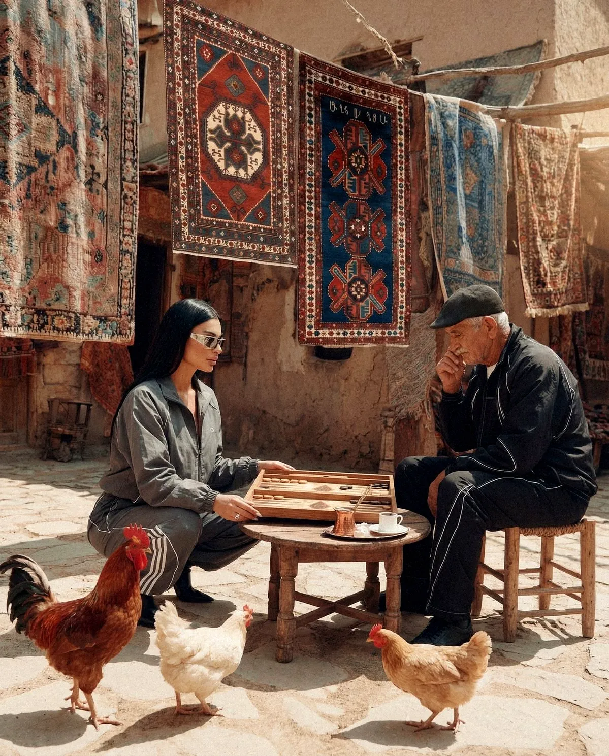 A young woman and an older man playing backgammon in a Cairo courtyard, chickens at their feet